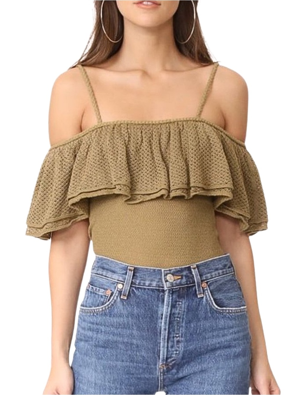 Ronny Kobo Tan Cold Shoulder Ruffle Knit Top  Maya Top Fennel  XS